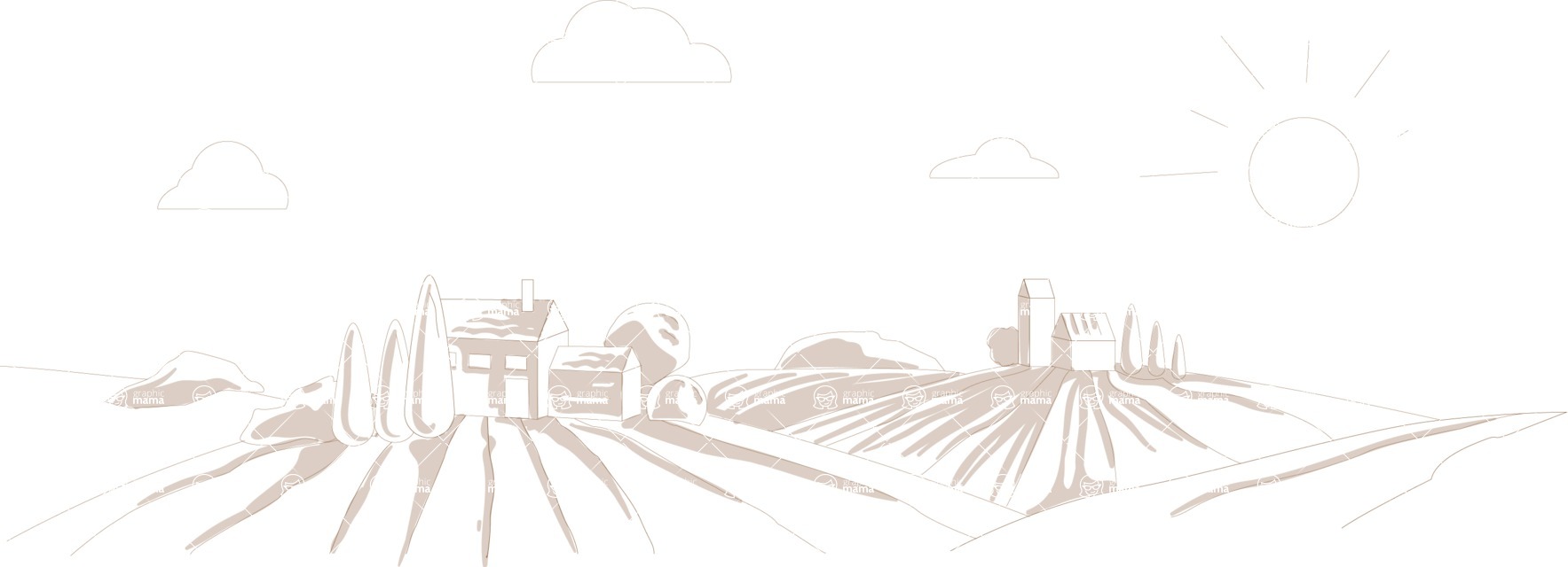Italy Themed Graphic Collection - Hand Drawn Rural Landscape of Italy